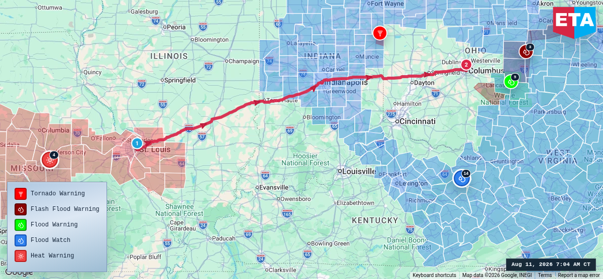Route map for St. Louis, MO → Columbus, OH