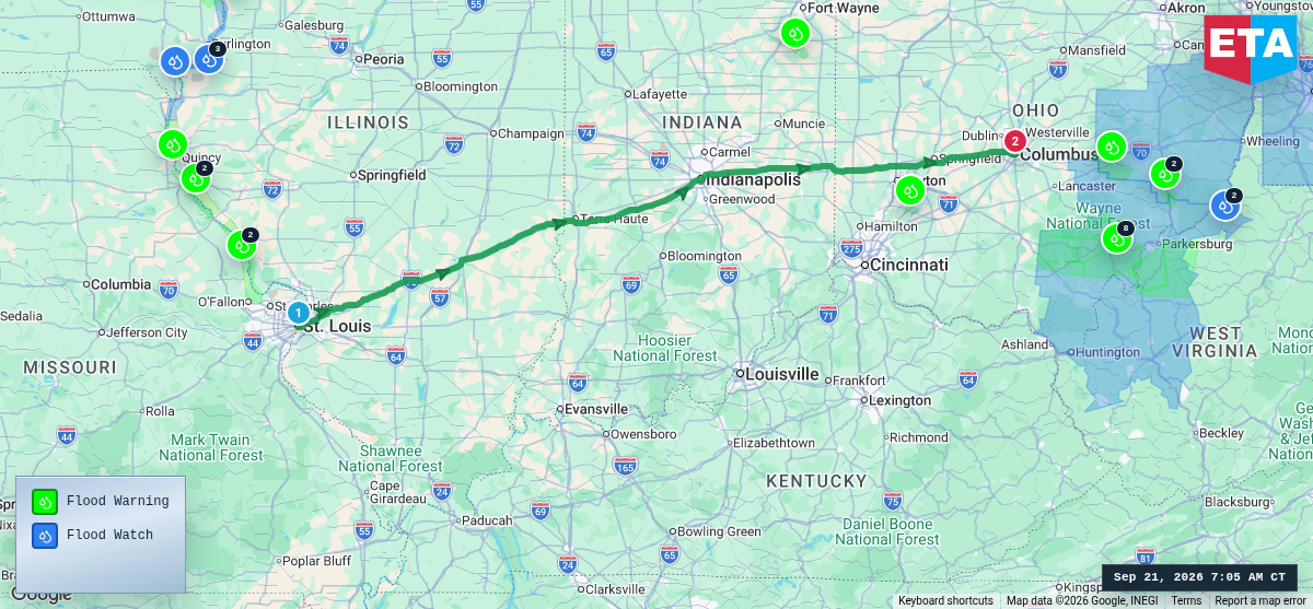 Route map for St. Louis, MO → Columbus, OH