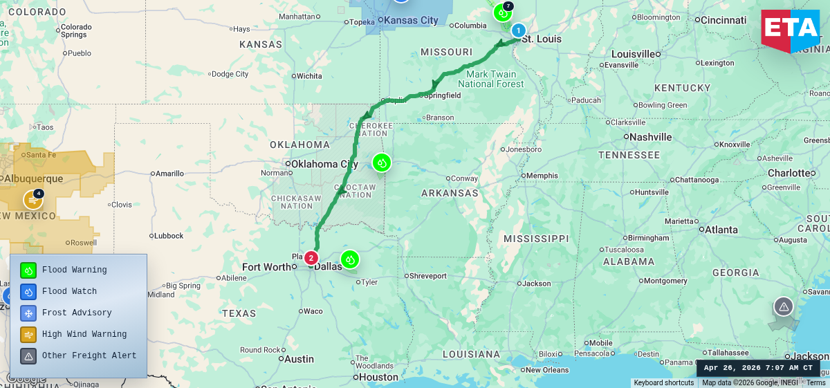Route map for St. Louis, MO → Dallas, TX