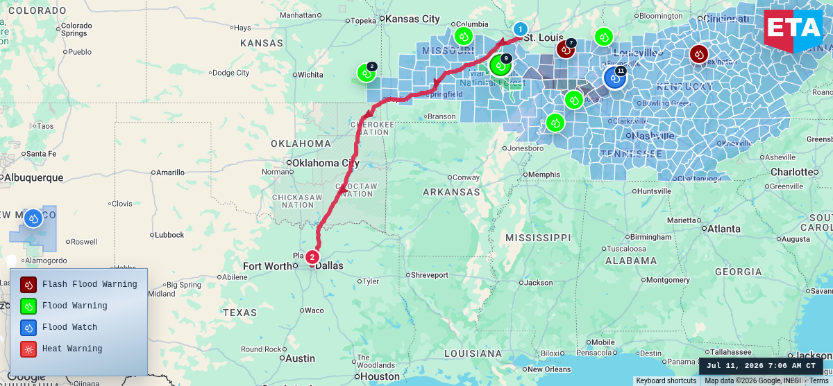 Route map for St. Louis, MO → Dallas, TX