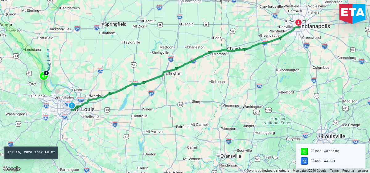 Route map for St. Louis, MO → Indianapolis, IN