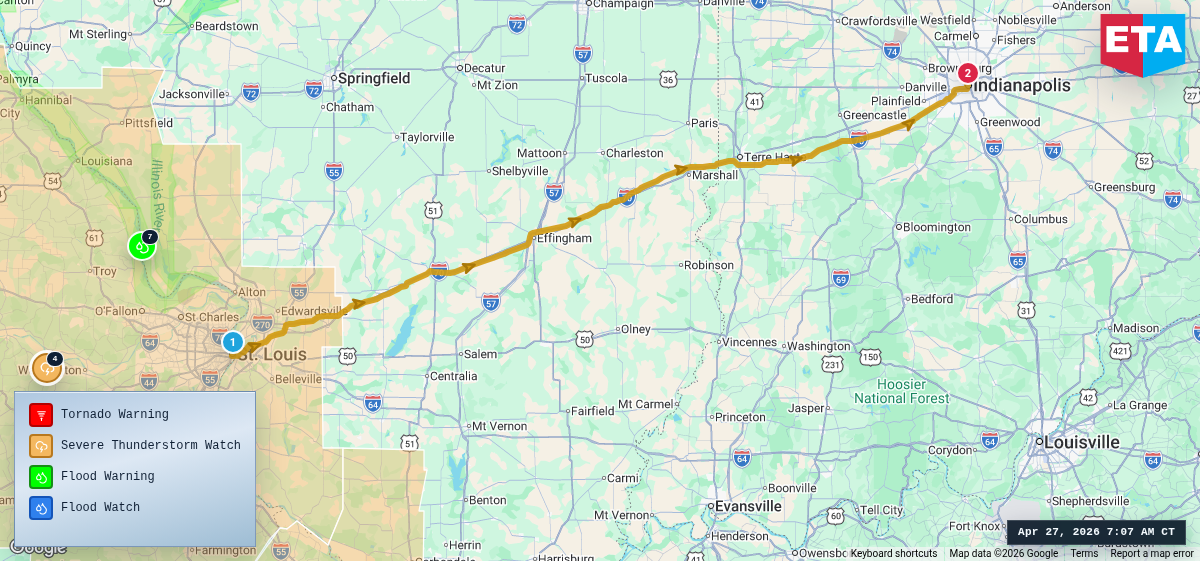 Route map for St. Louis, MO → Indianapolis, IN