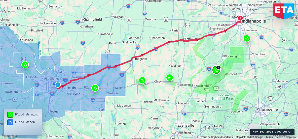 Route map for St. Louis, MO → Indianapolis, IN