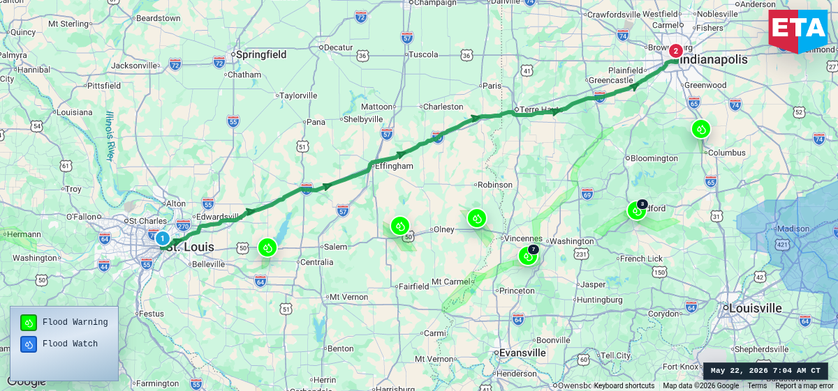 Route map for St. Louis, MO → Indianapolis, IN