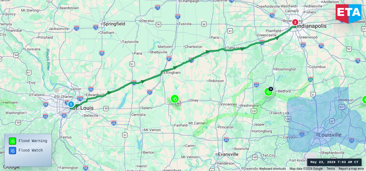 Route map for St. Louis, MO → Indianapolis, IN