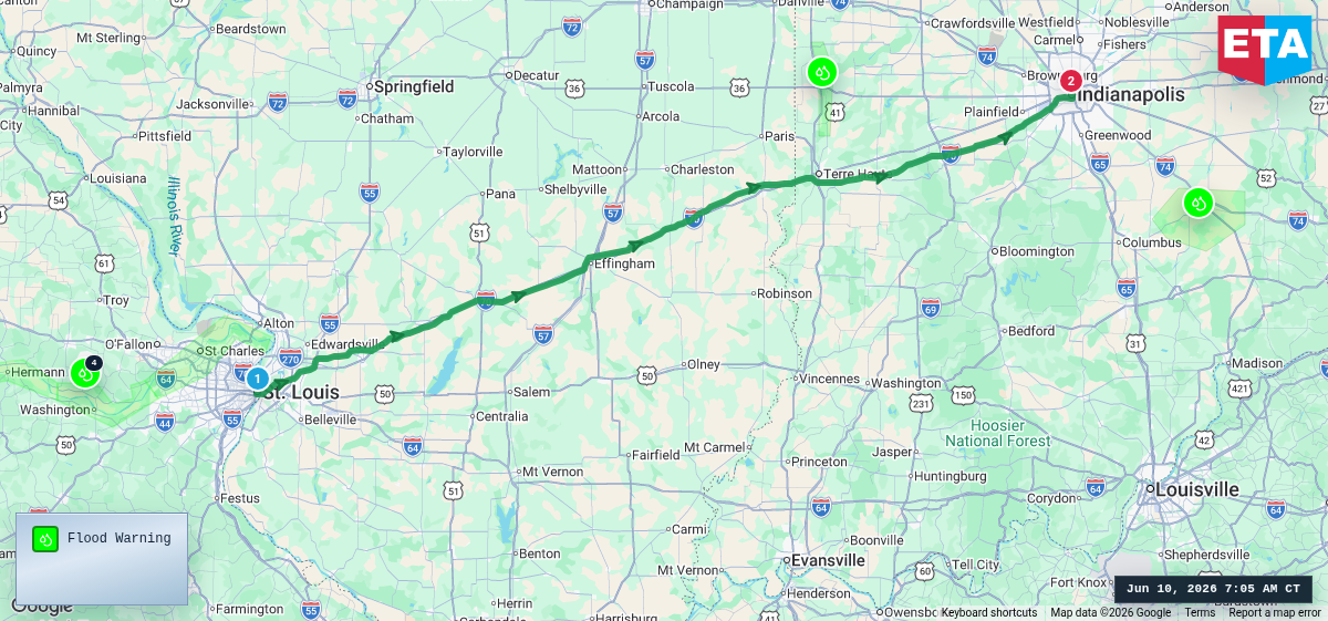 Route map for St. Louis, MO → Indianapolis, IN