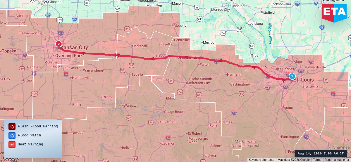 Route map for St. Louis, MO → Kansas City, MO