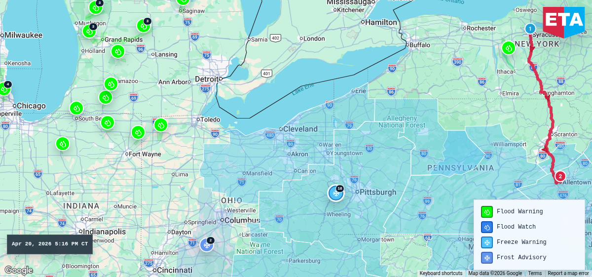 Route map for Syracuse, NY → Allentown, PA