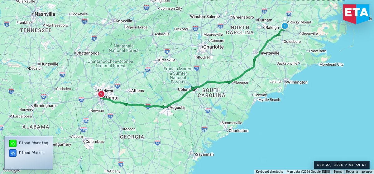 Route map for Wilson, NC → Atlanta, GA