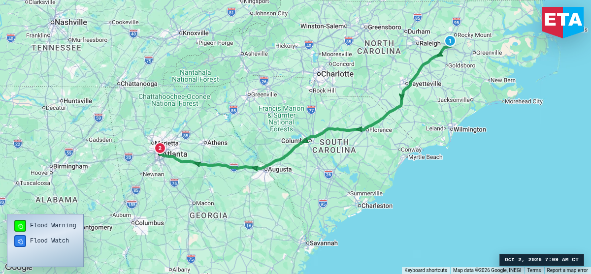 Route map for Wilson, NC → Atlanta, GA