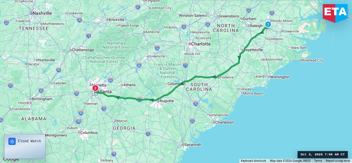 Route map for Wilson, NC → Atlanta, GA
