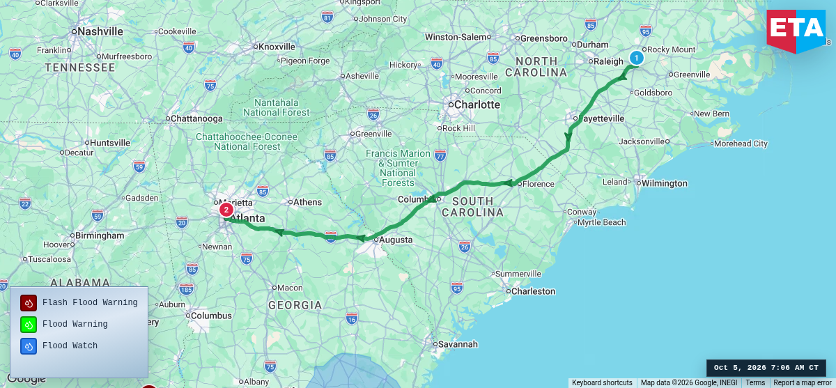 Route map for Wilson, NC → Atlanta, GA