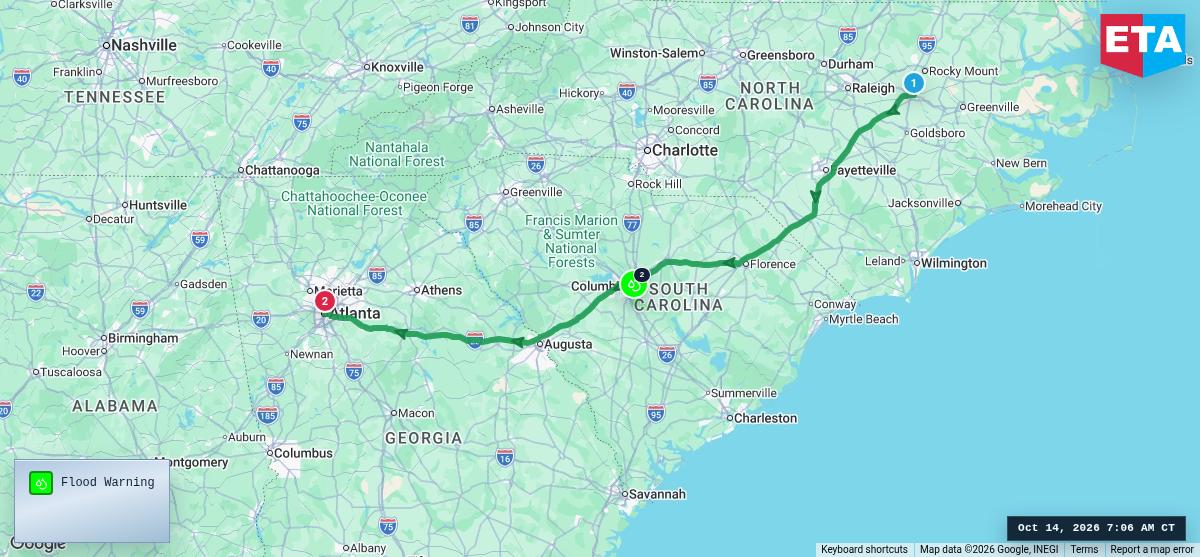 Route map for Wilson, NC → Atlanta, GA