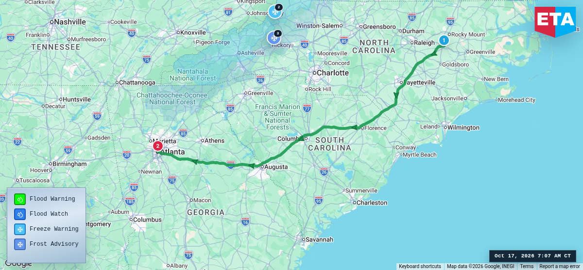 Route map for Wilson, NC → Atlanta, GA
