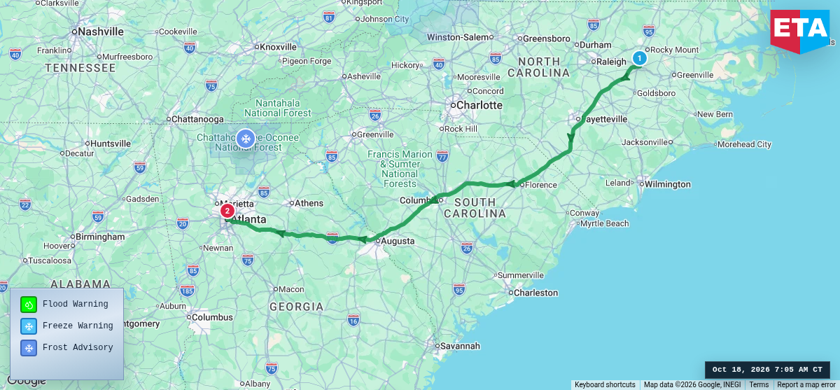 Route map for Wilson, NC → Atlanta, GA
