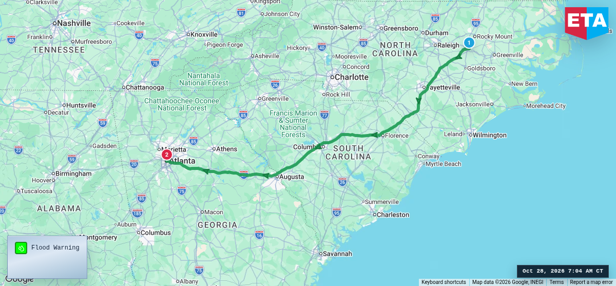Route map for Wilson, NC → Atlanta, GA