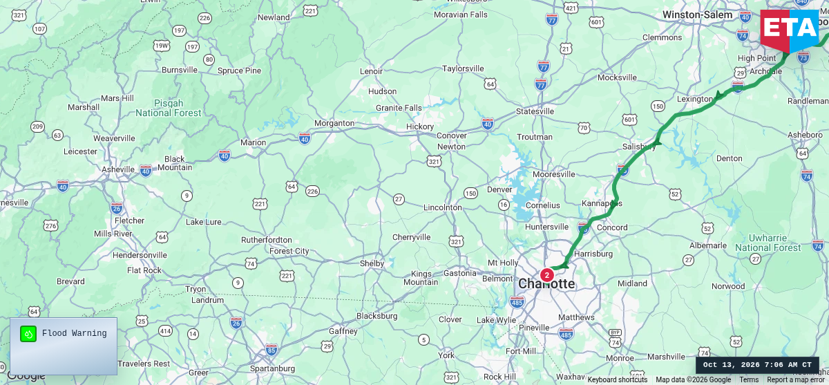 Route map for Wilson, NC → Charlotte, NC