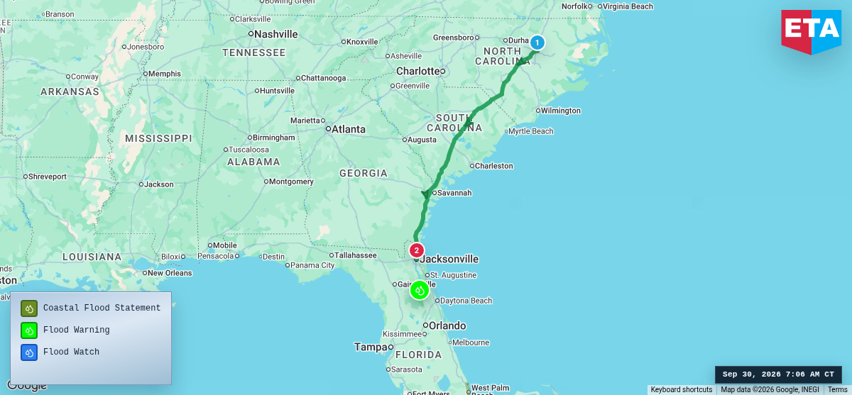 Route map for Wilson, NC → Jacksonville, FL