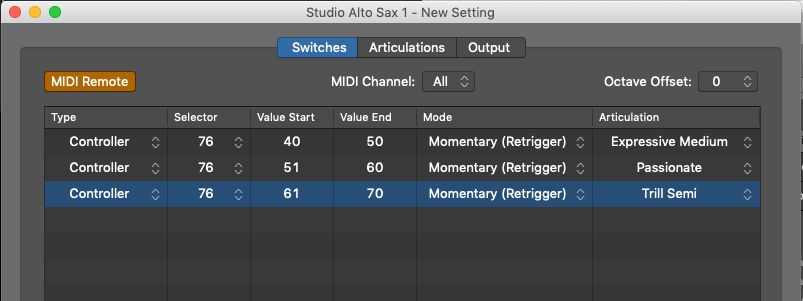 Screenshot: Define articulation switches based on MIDI values