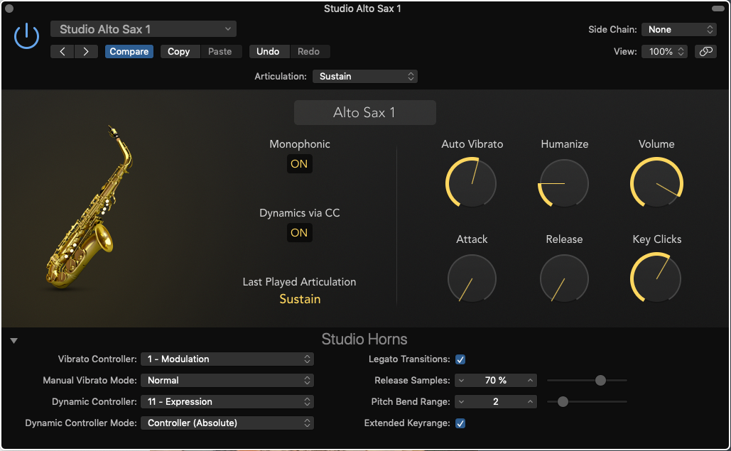 Screenshot: Studio Horns Alto Sax 1 with defaults changed