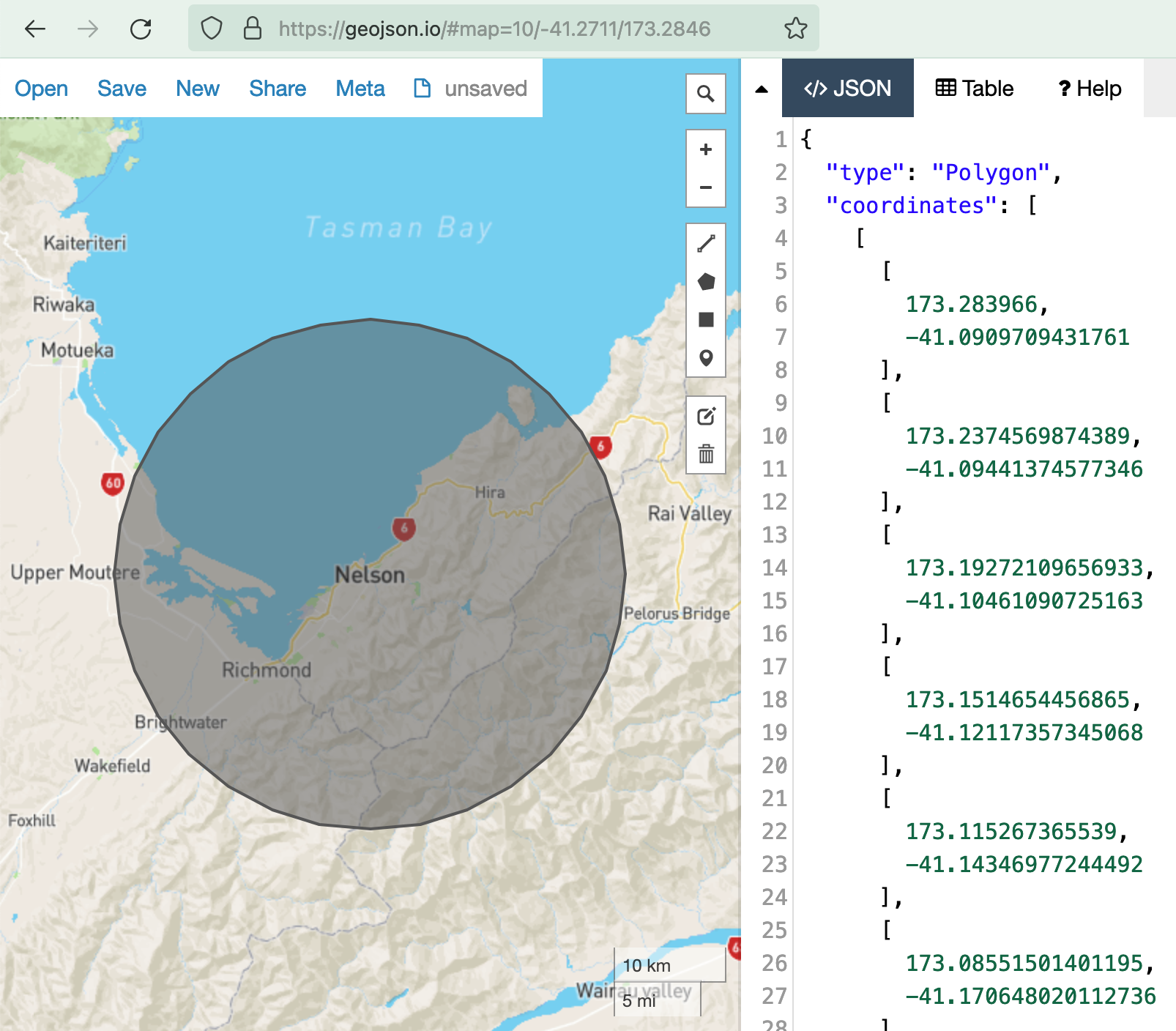 Example of a polygon with 20000 meter radius, 32 edges and center in 173.283966,-41.270634 (lon,lat)