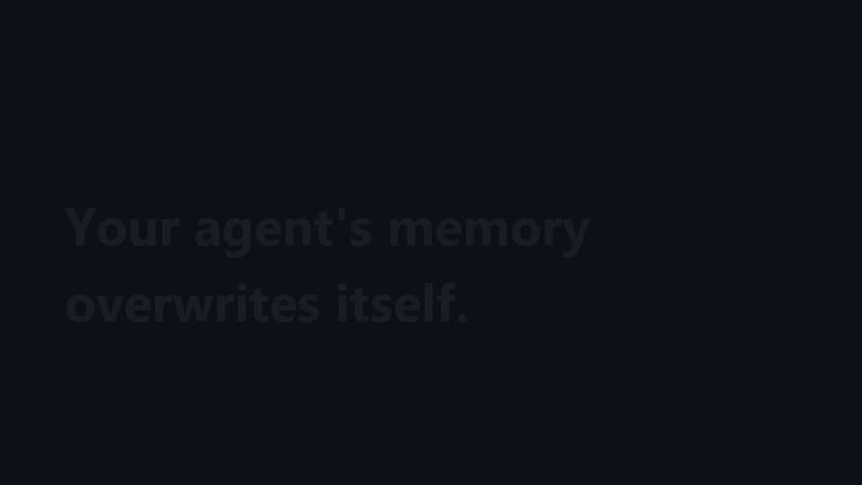26-second animation: two store.put calls on the same key erase the first value in a key-value store; through OmemStore the same calls supersede instead, the old value stays on the record, and mem.why answers where the memory came from.