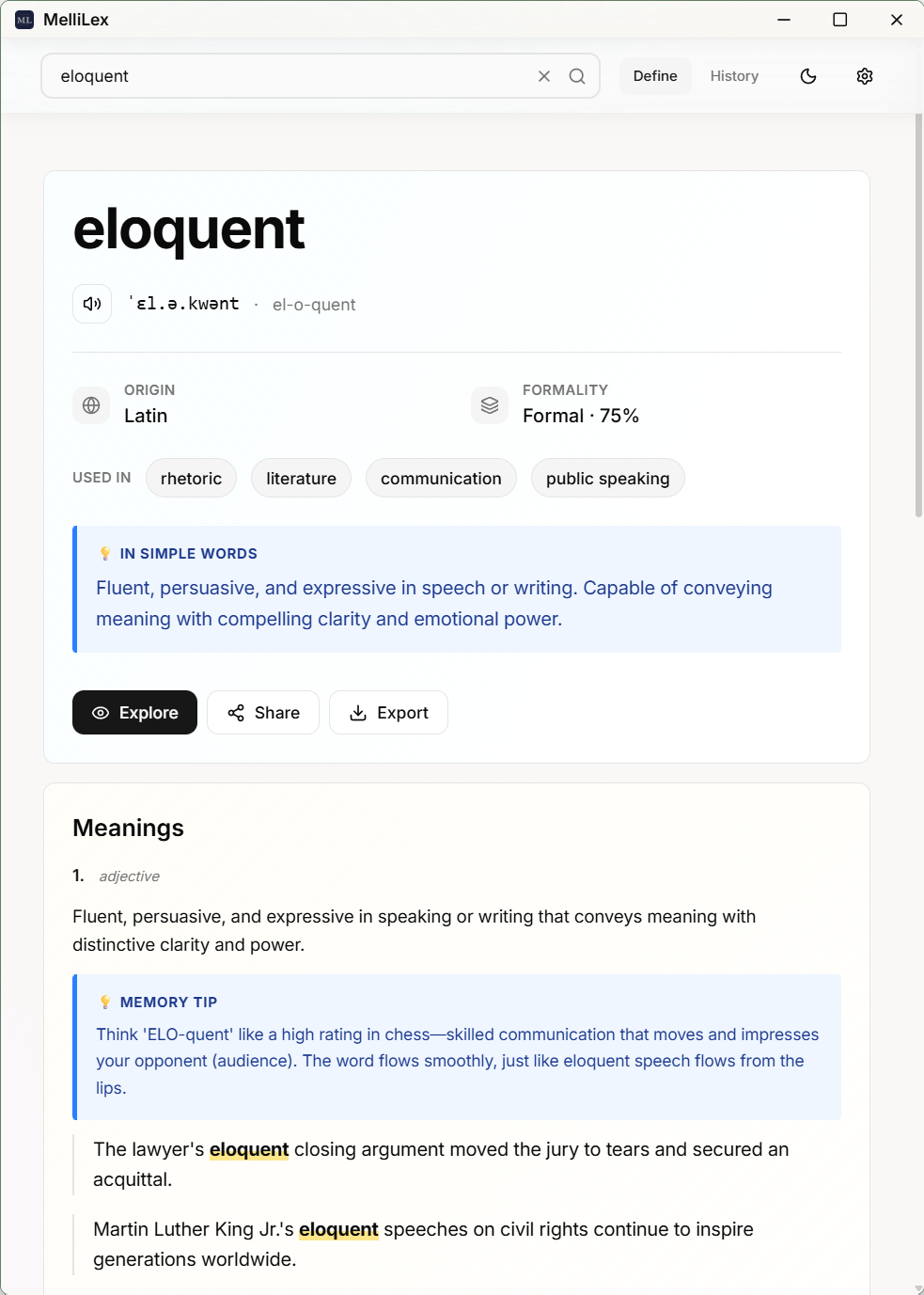 MelliLex word lookup interface