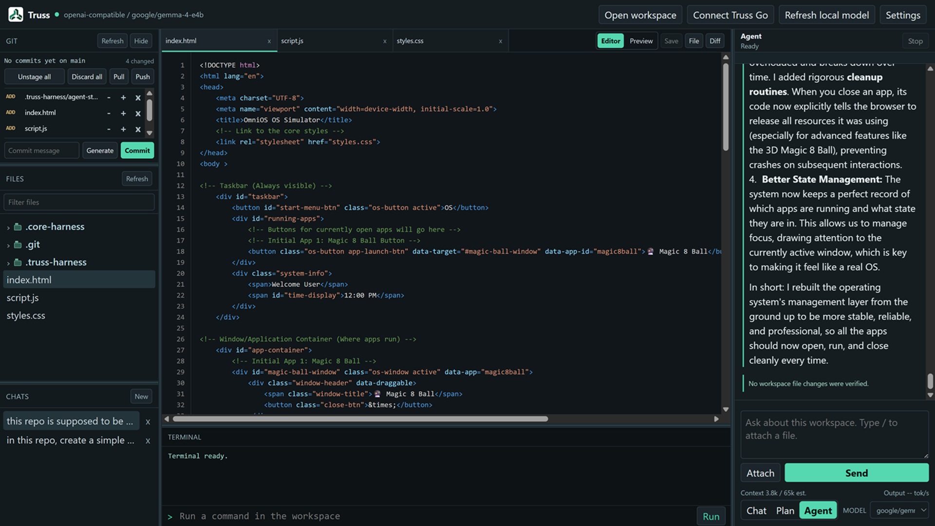 Truss Desktop workspace with Git, files, editor, terminal, and chat