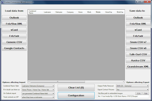 Windows 7 Screenshot, das den Contact Conversion Wizard v3.0.0.4 zeigt: Ein GUI Fenster mit 3 Bereichen: Links: Daten laden; Mitte: Daten ansehen; Rechts: Daten abspeichern