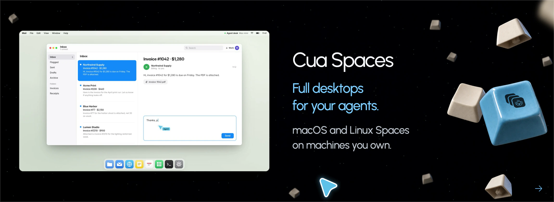 Cua Spaces: full desktops for your agents. macOS and Linux Spaces on machines you own.