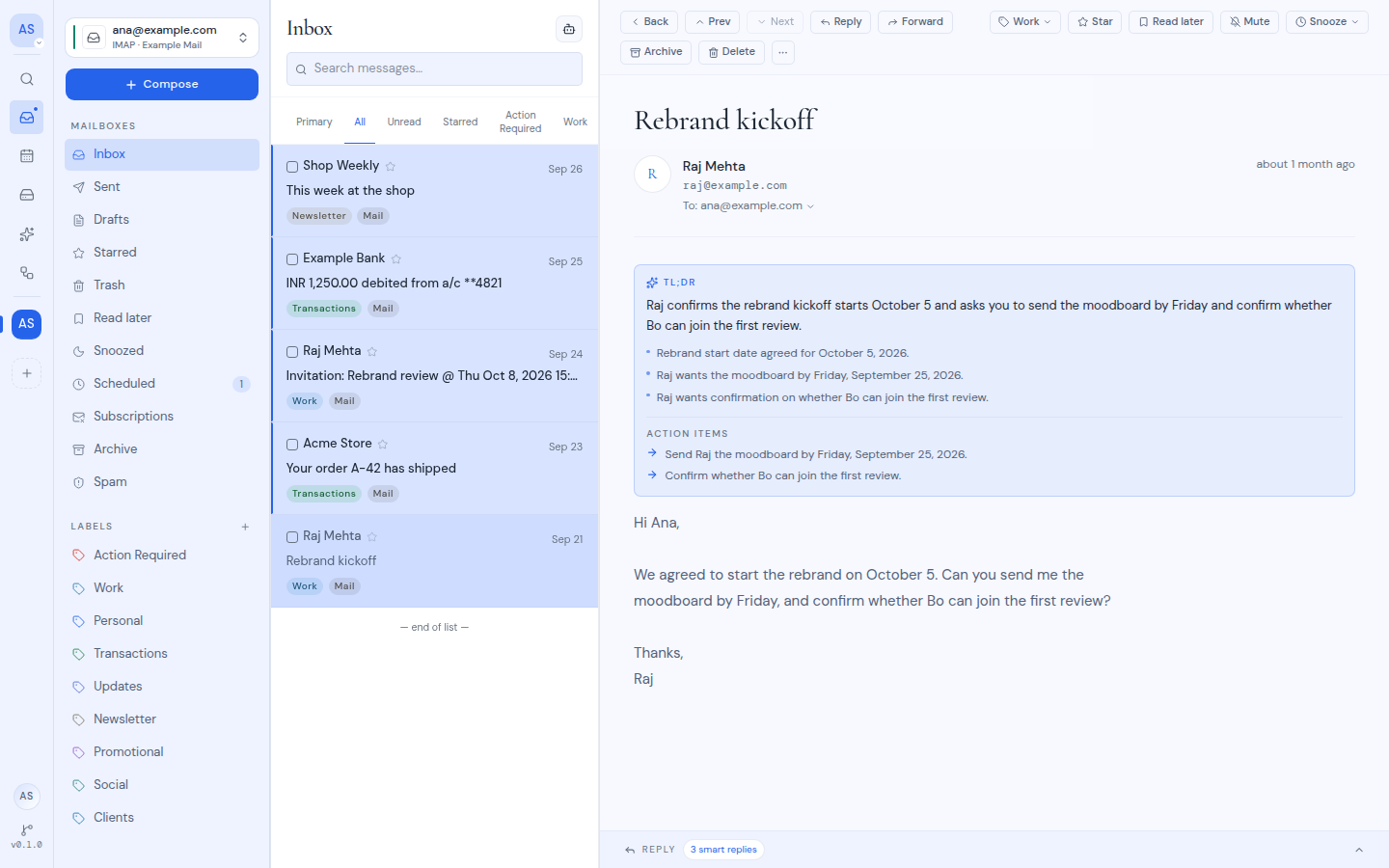 The Metis Suite inbox, with a message open and an AI summary of its action items above the text