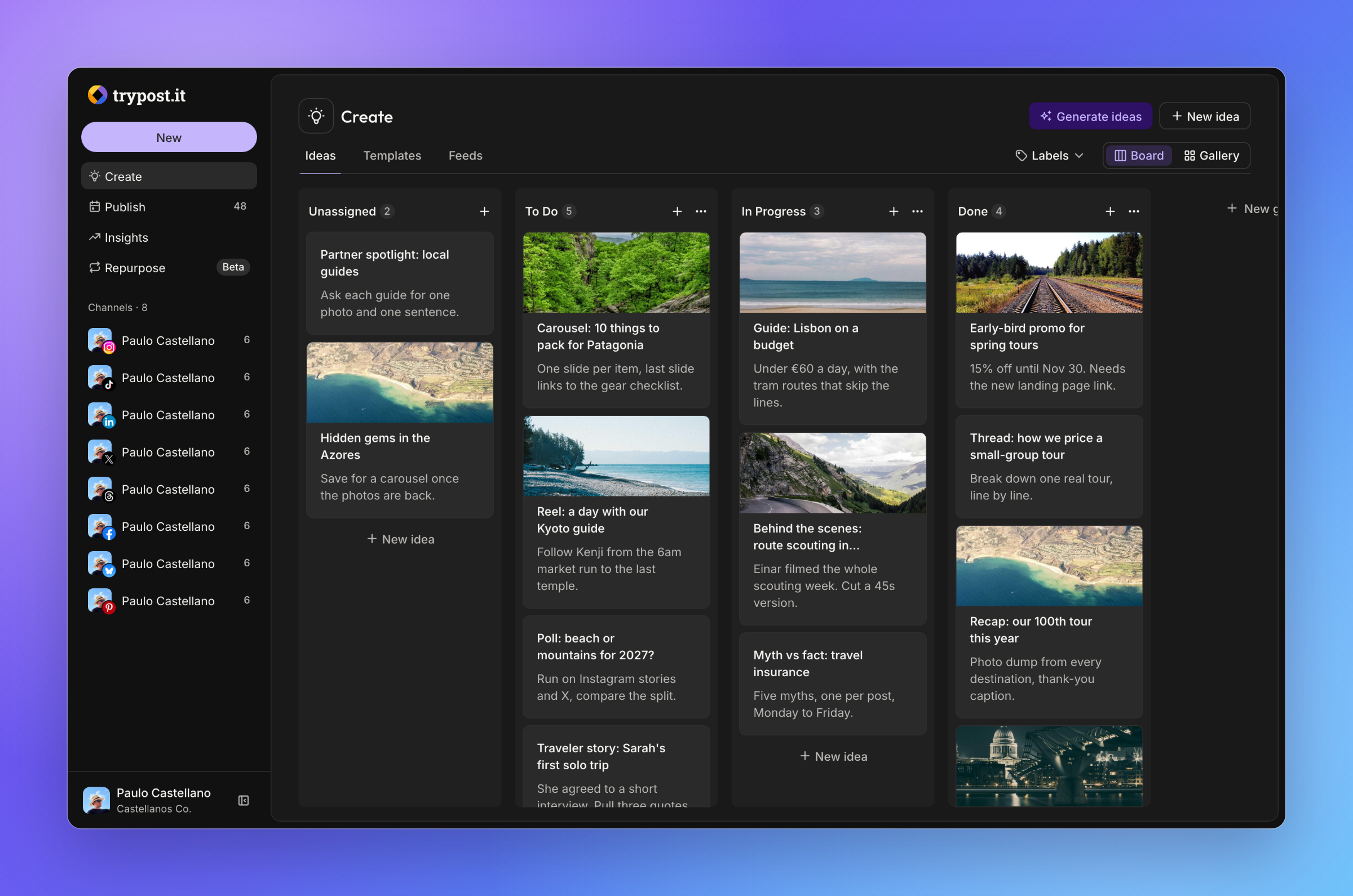 Ideas board in dark mode with cards in To Do, In Progress and Done