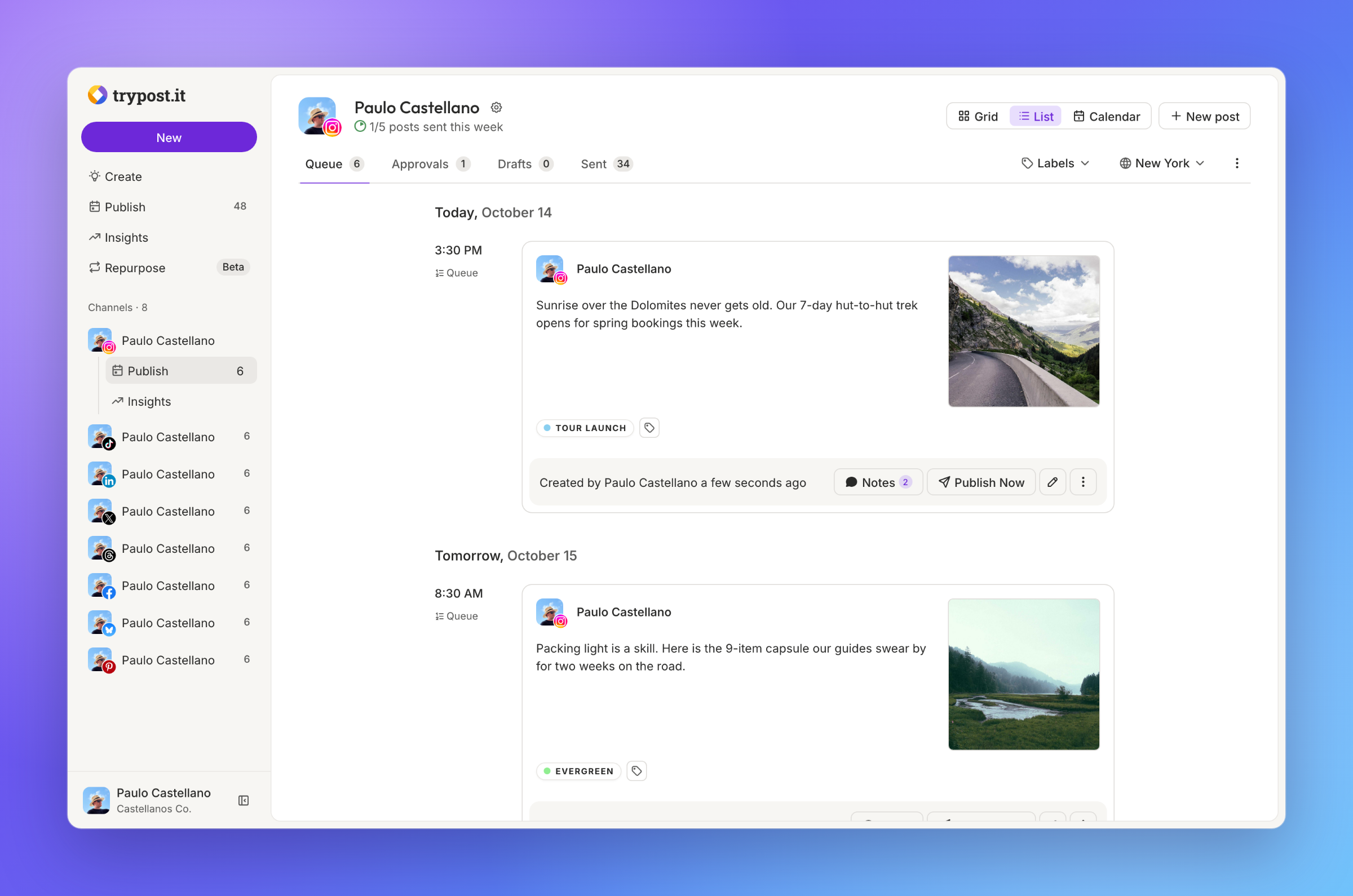 A channel queue with scheduled posts and labels
