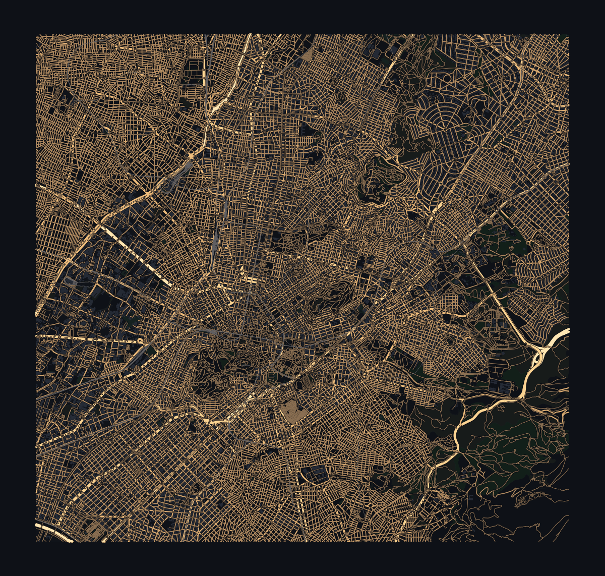 Hipparchus Night preset — Athens drawn as lit streets against an unlit ground