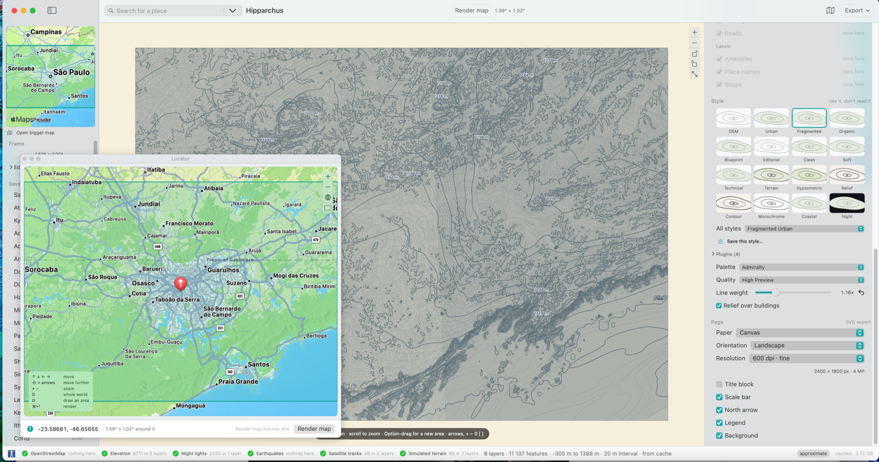 Hipparchus for Mac: vector cartography workspace with contour map, locator and style presets