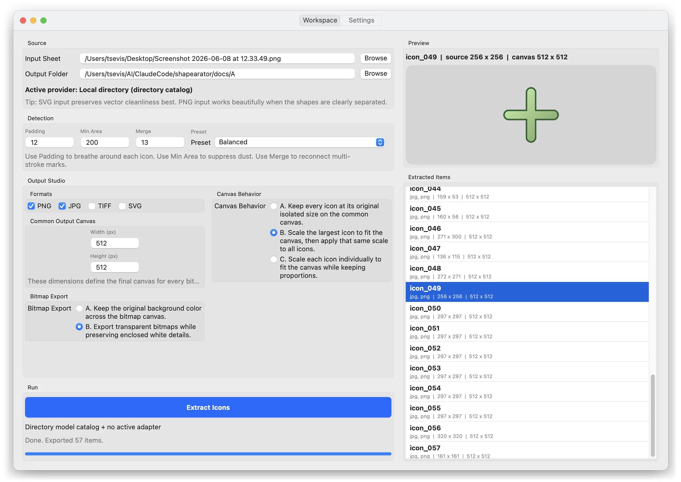 Shapearator: icons detected on one sheet and exported to a shared canvas