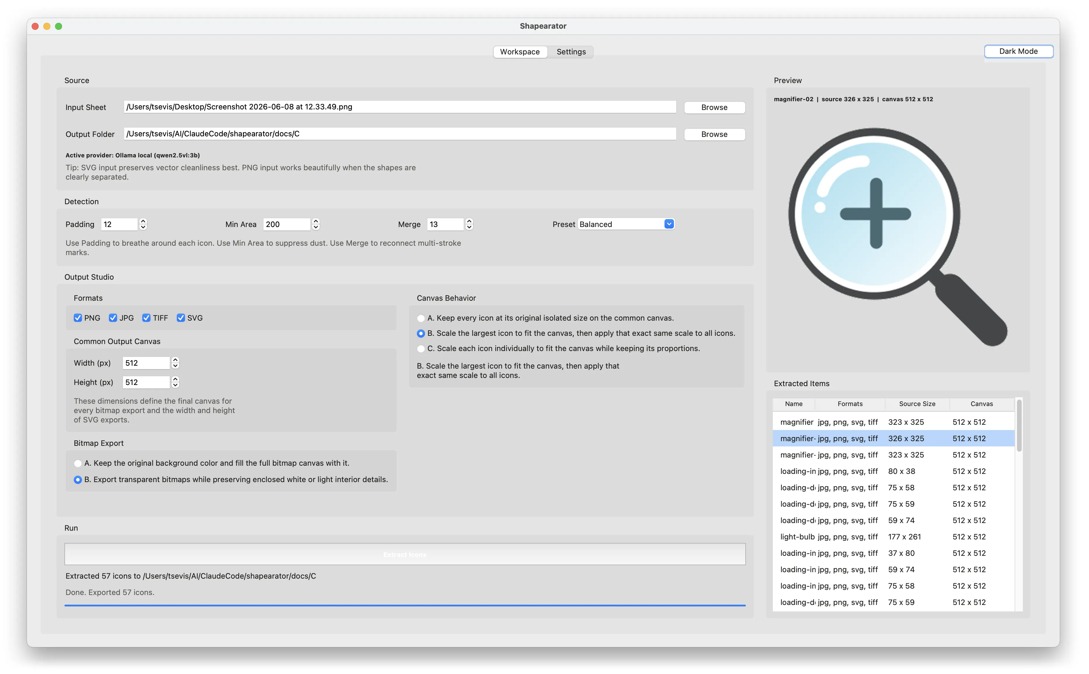 The Shapearator workspace, separating icons from a single sheet