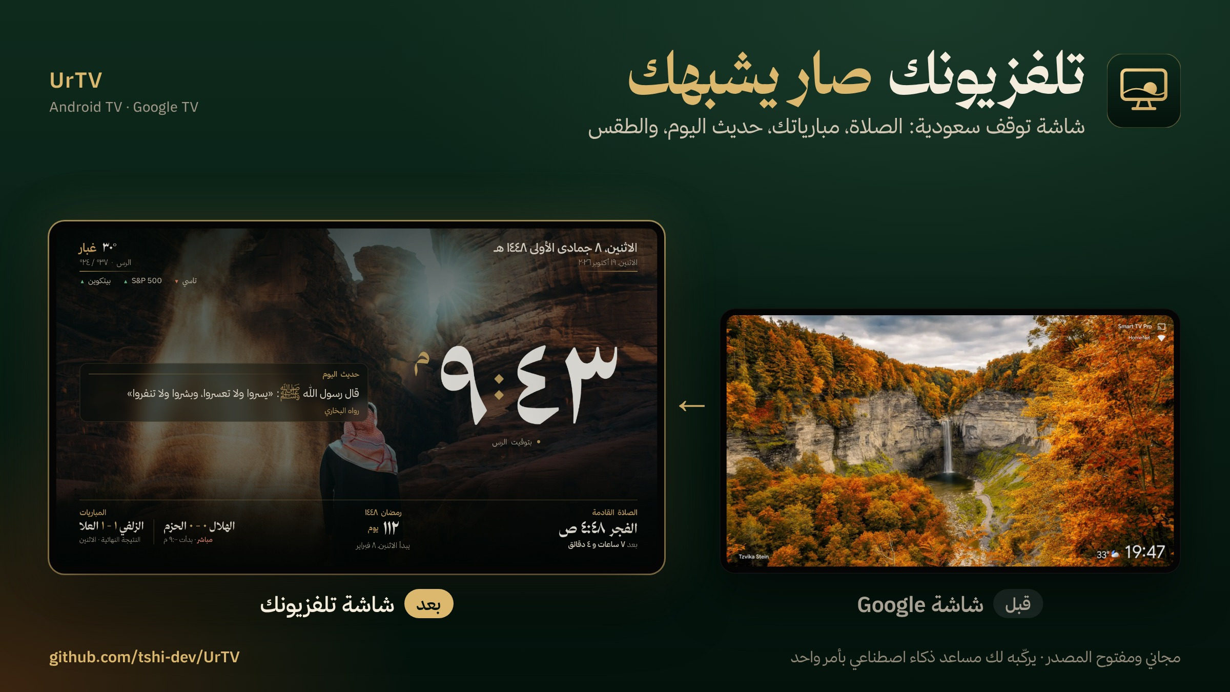 Before: the Google screensaver. After: شاشة تلفزيونك