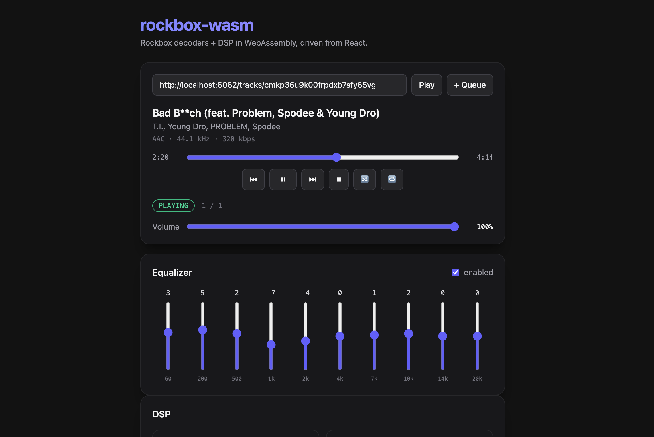 rockbox-wasm player — transport, seek, volume and 10-band EQ in the browser