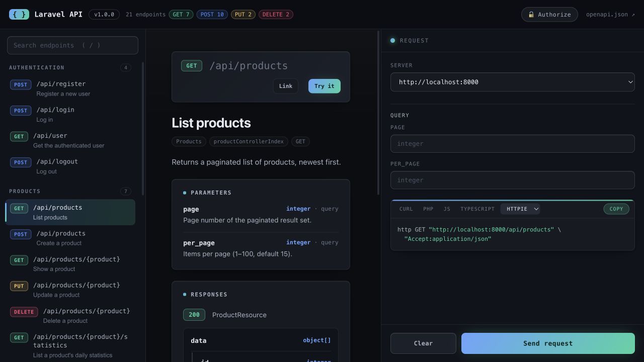 Documentator built-in API explorer showing endpoint navigation, inferred parameters, response schemas, and a request playground