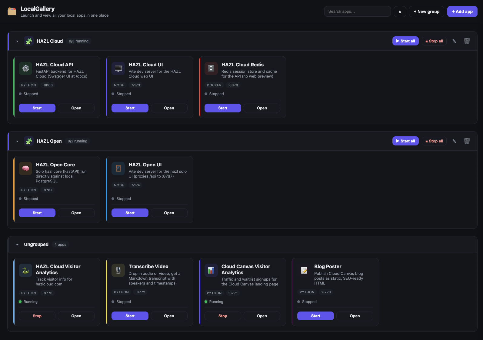 The LocalGallery home page: two groups of apps, each with its own Start all and Stop all buttons, and the apps that belong to no group listed underneath