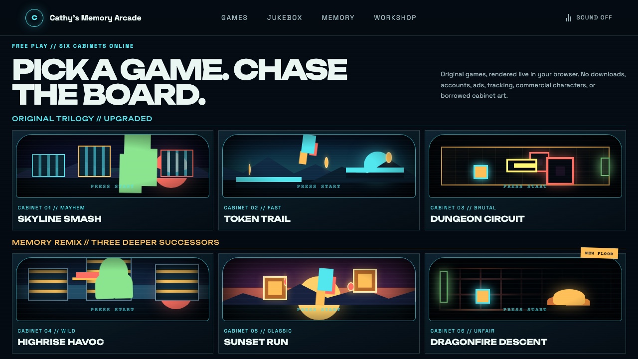 Enter Cathy's Memory Arcade, a 1986-meets-AI memorial with six original playable games