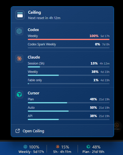 Ceiling's tray flyout with each provider's remaining capacity and reset time