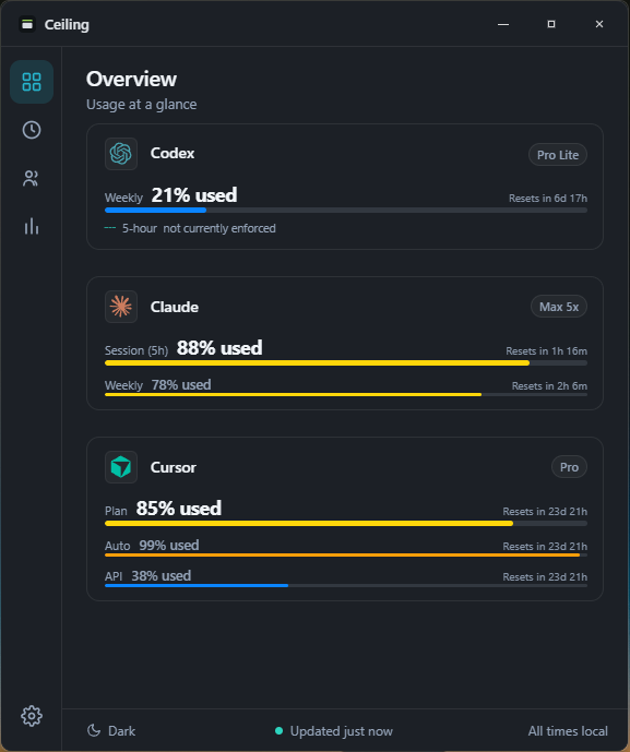 Ceiling's Windows dashboard showing Codex, Claude, and Cursor usage