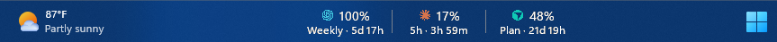 Ceiling's capacity strip above the Windows taskbar, showing Codex, Claude, and Cursor usage with reset times
