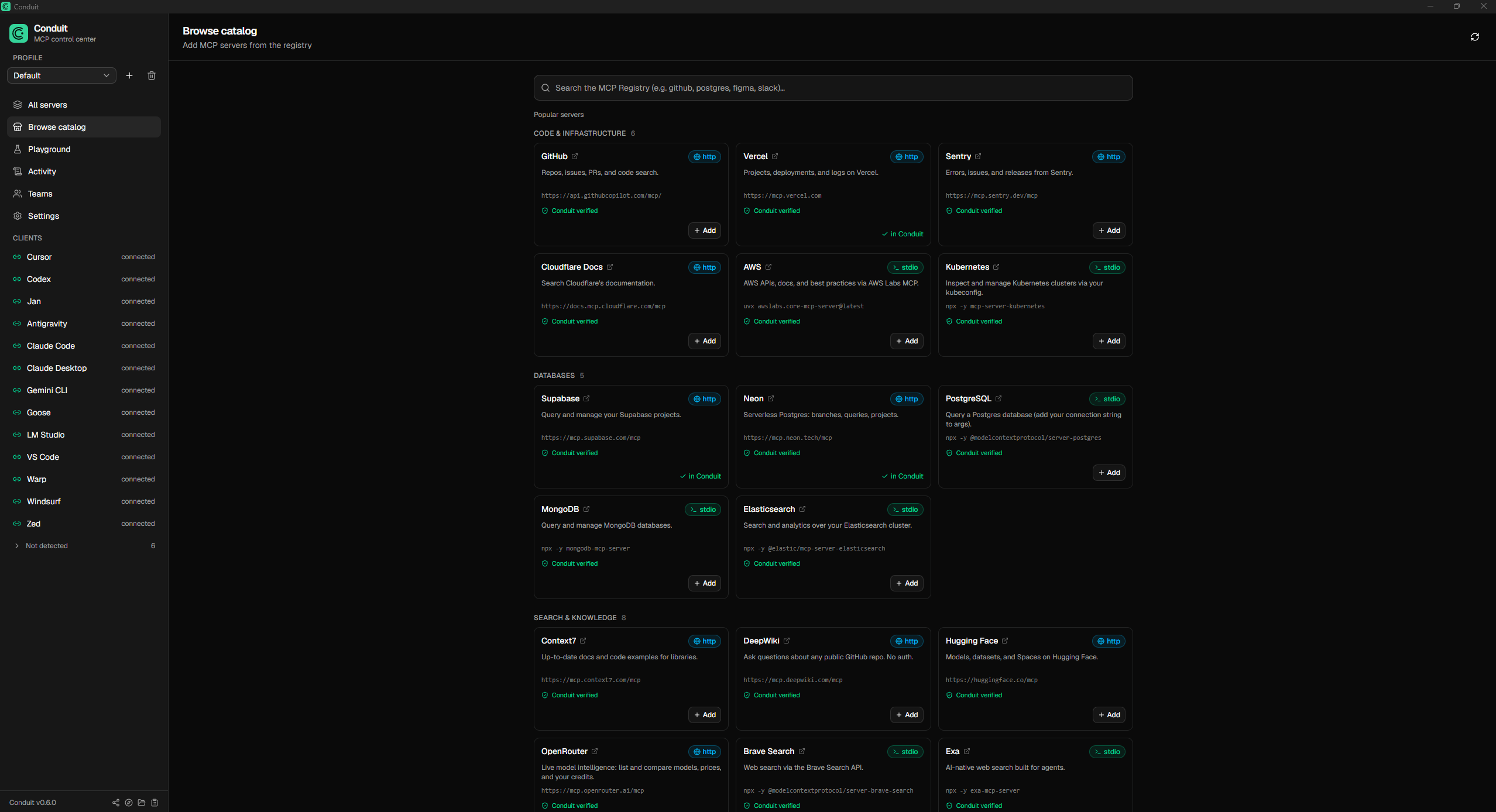 A curated catalog of MCP servers grouped by category