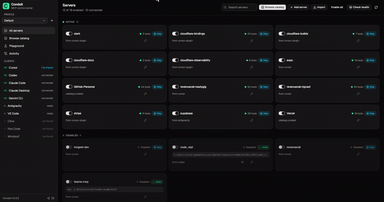 Conduit demo: add a server, connect it to every AI tool, and the agent uses it