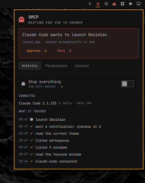 OMCP holding an agent request to launch Obsidian for human approval