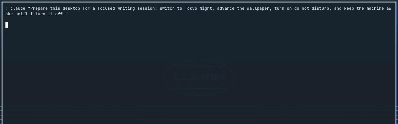 A prompt prepares the desktop for focused writing while OMCP records the theme, wallpaper, do-not-disturb, and stay-awake changes