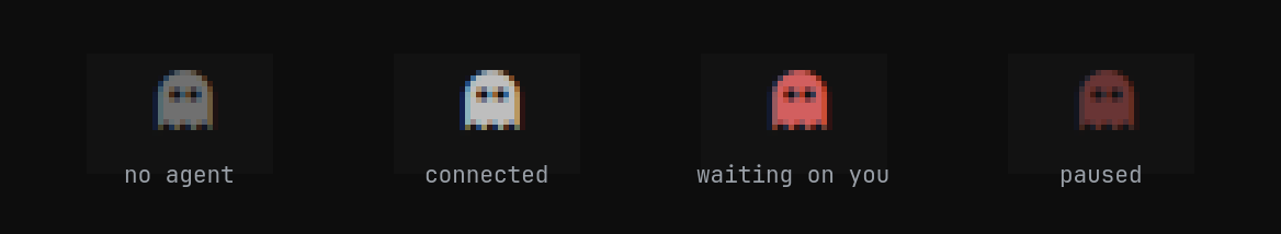 The four OMCP status bar states: no agent, connected, waiting on you, and paused